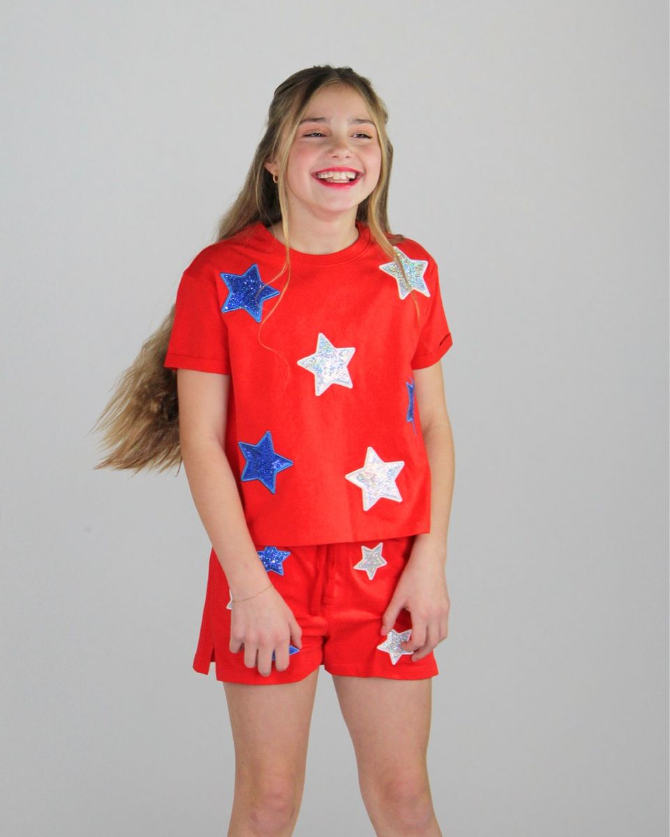 White and blue sequins stars shirt