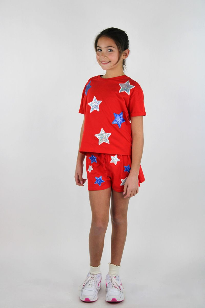 White and blue sequins stars shirt