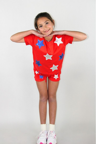 White and blue sequins stars shirt