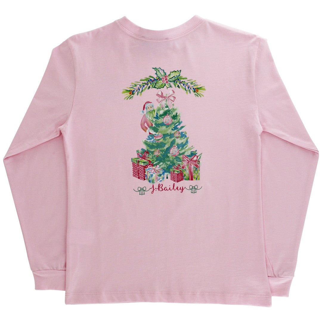 J. Bailey Girl's Logo Tee - Santa Tree on Pink