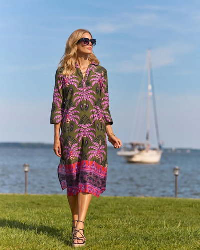 Kallan Dress Cotton Voile Decorative Frond Loden