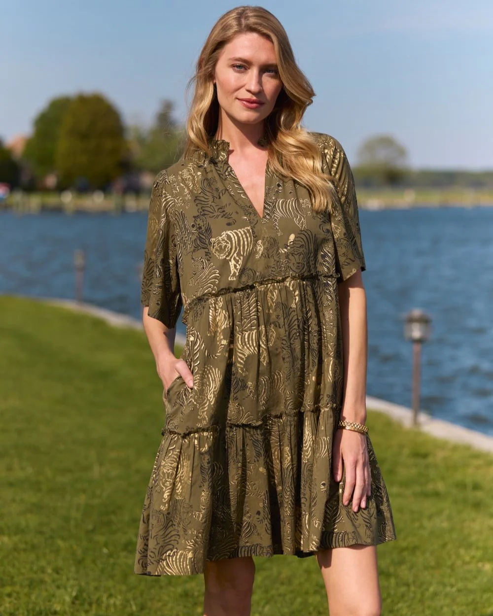 Shirley Dress Cotton Voile Tiger Safari Loden Gold