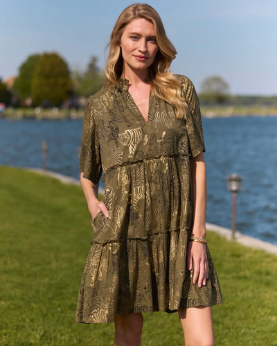 Shirley Dress Cotton Voile Tiger Safari Loden Gold