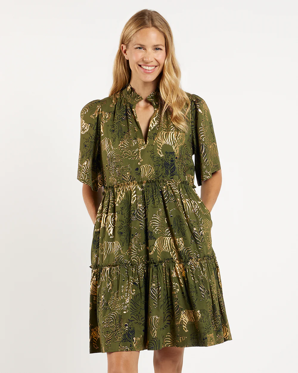 Shirley Dress Cotton Voile Tiger Safari Loden Gold