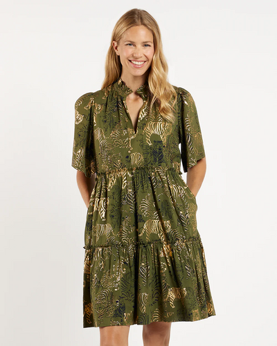 Shirley Dress Cotton Voile Tiger Safari Loden Gold