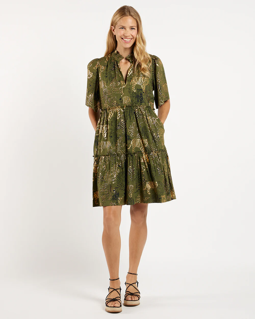 Shirley Dress Cotton Voile Tiger Safari Loden Gold