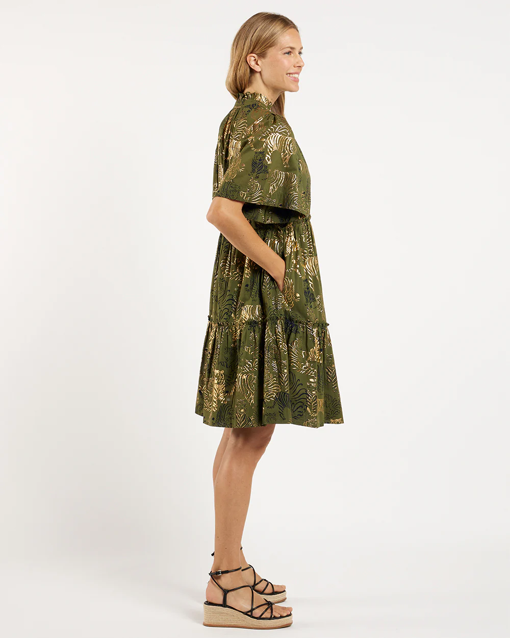 Shirley Dress Cotton Voile Tiger Safari Loden Gold