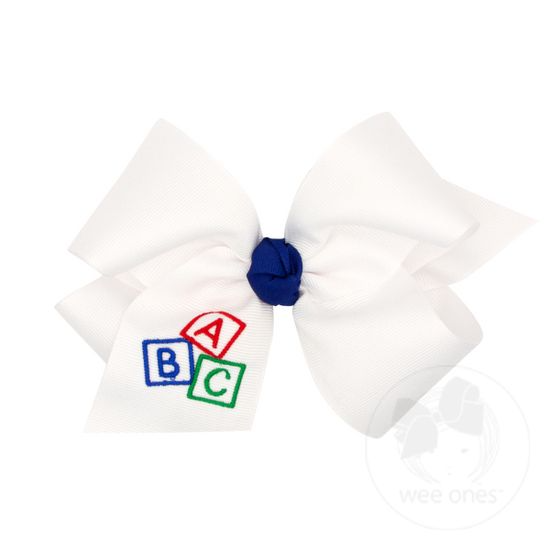 King Grosgrain Hair Bow with Knot Wrap and School-themed Embroidery