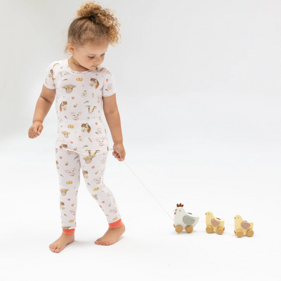Short Sleeve Loungewear Set - Vintage Animals Faces Pink