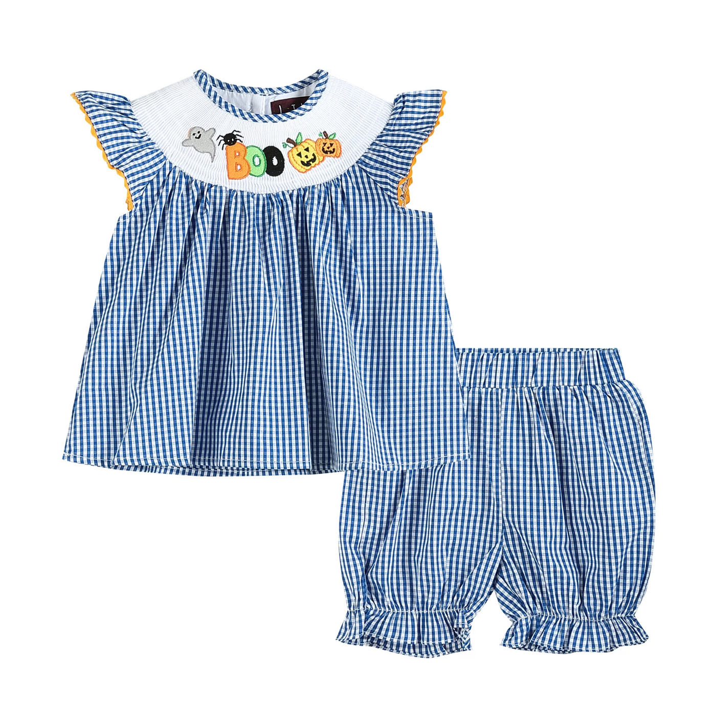 Blue 'Boo' Gingham Smocked Top and Bloomers Set