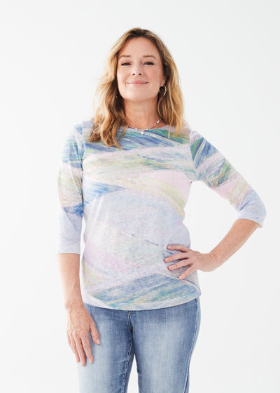 3/4 Sleeve Boatneck top - Abstract Field