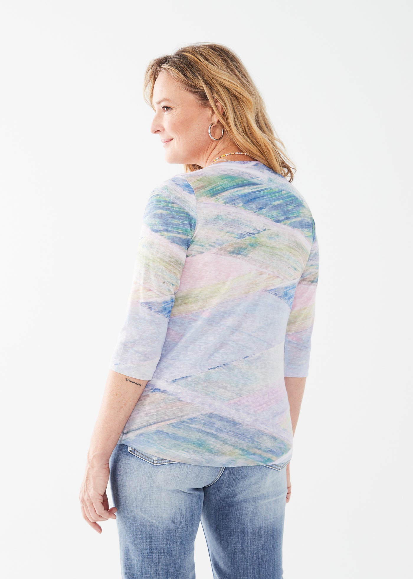 3/4 Sleeve Boatneck top - Abstract Field