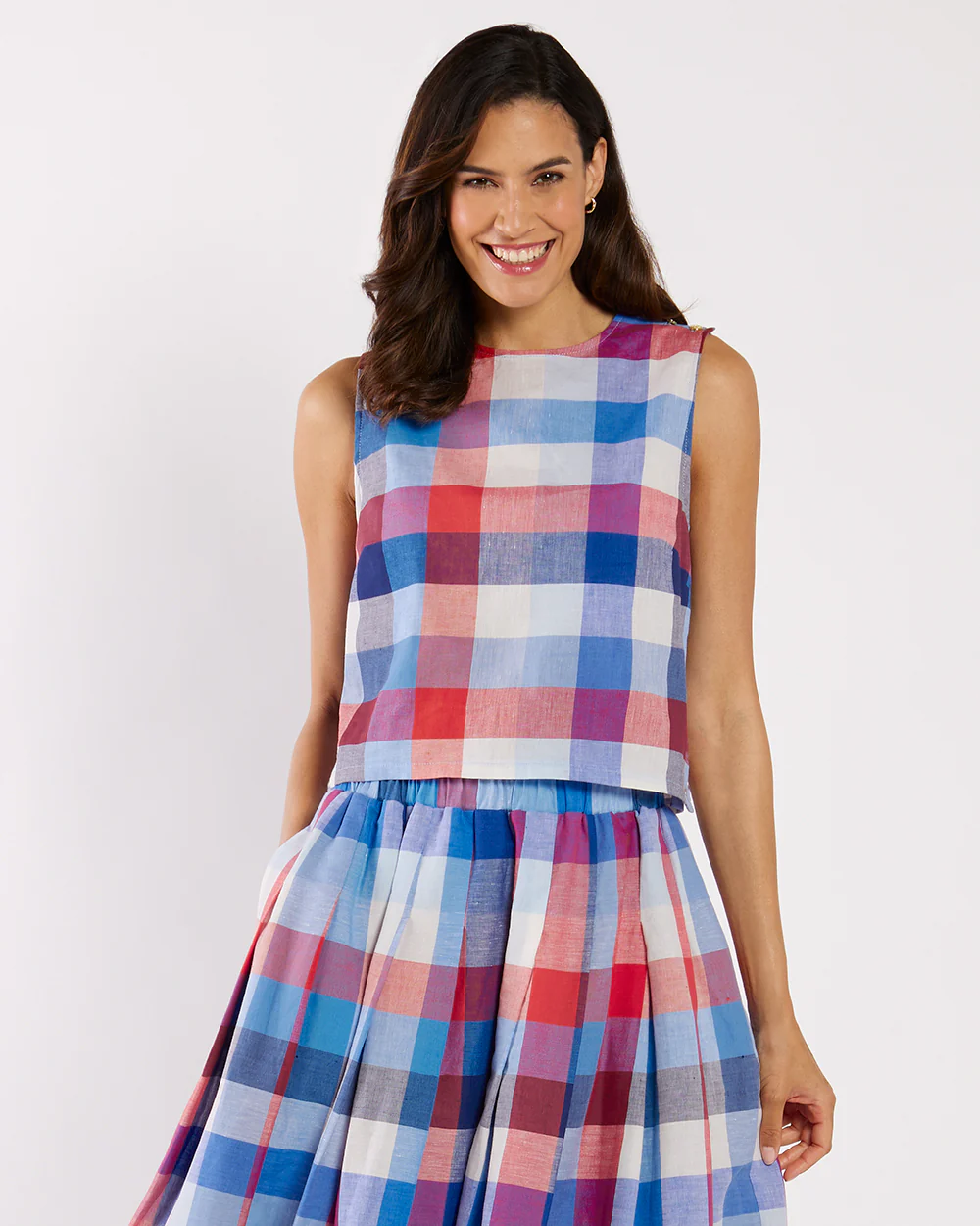 Gretel Top Stretch Linen - Montauk Plaid