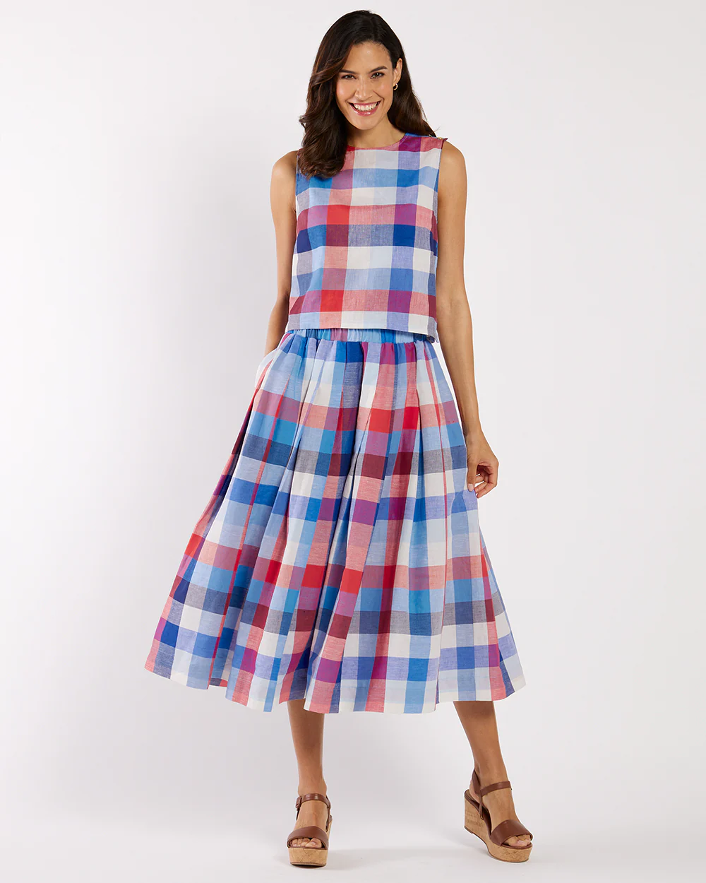 Gretel Top Stretch Linen - Montauk Plaid