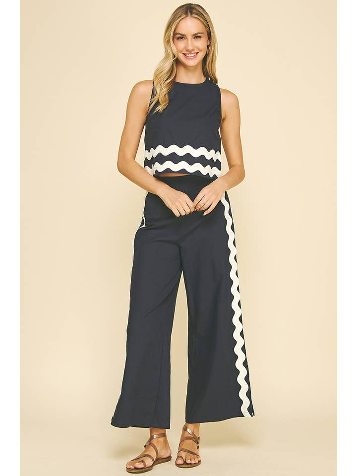 Wide Leg Navy Pant with Ric Rac