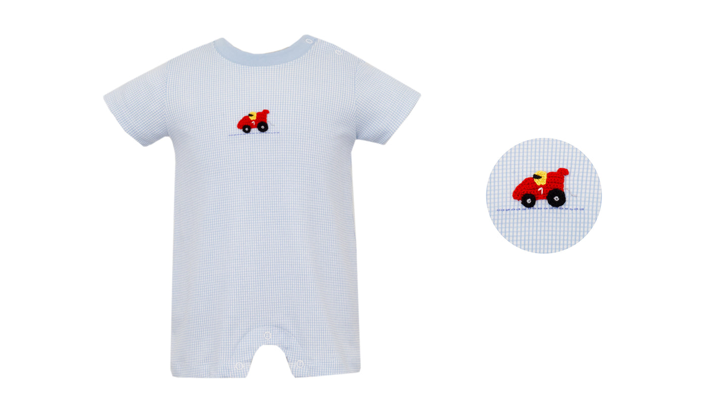 RACE CAR - Blue check romper