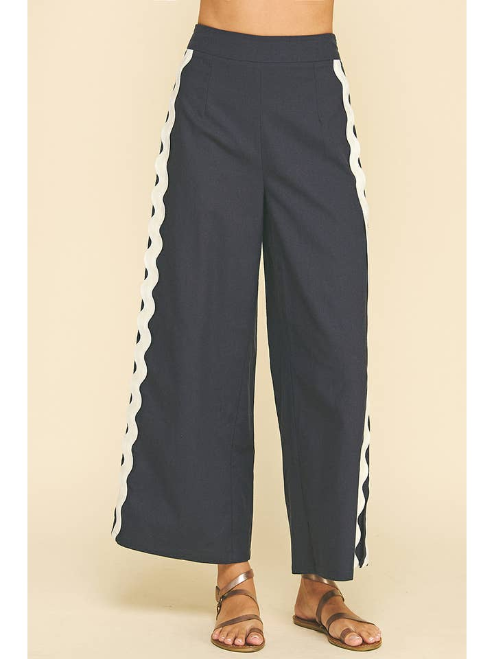Wide Leg Navy Pant with Ric Rac