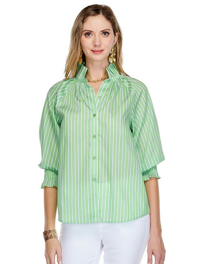 Green Stripe Gathered Neck Blouse