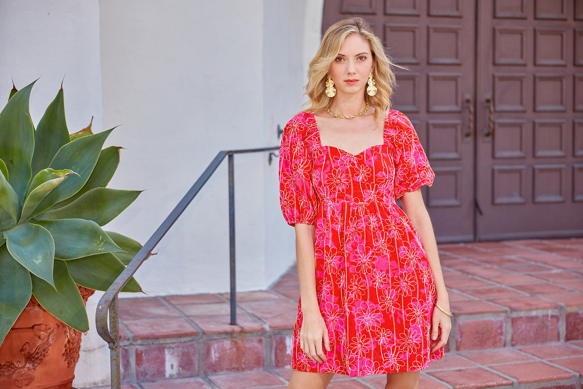 Red Embroidered Daisy Dress