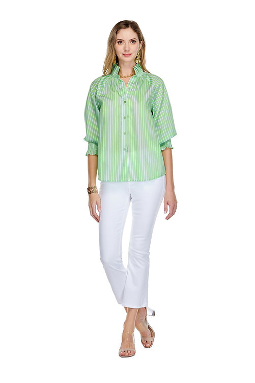 Green Stripe Gathered Neck Blouse