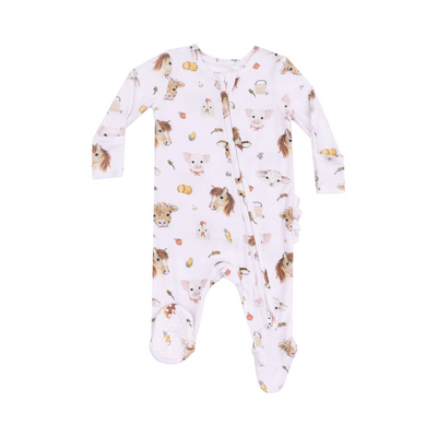 2 Way Zipper Ruffle Back Footie - Vintage Animals Faces Pink