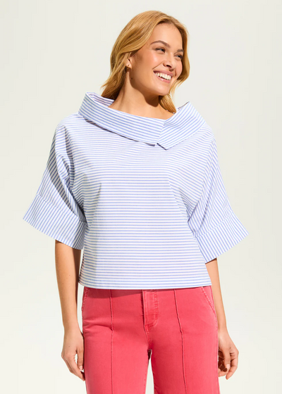 Crossover Neck Popover Top, Blue Stripe