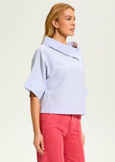 Crossover Neck Popover Top, Blue Stripe