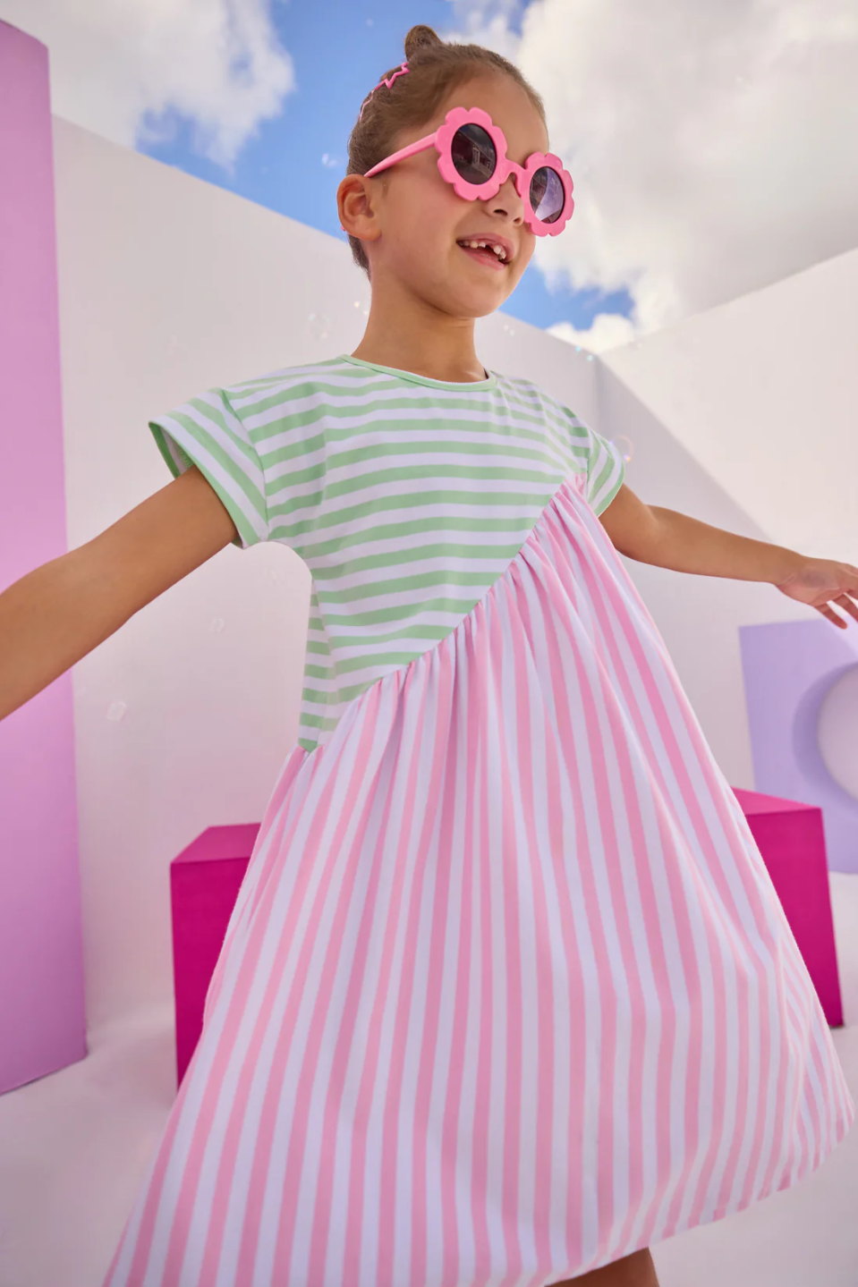Swoop Dress - Pink & Green Stripe