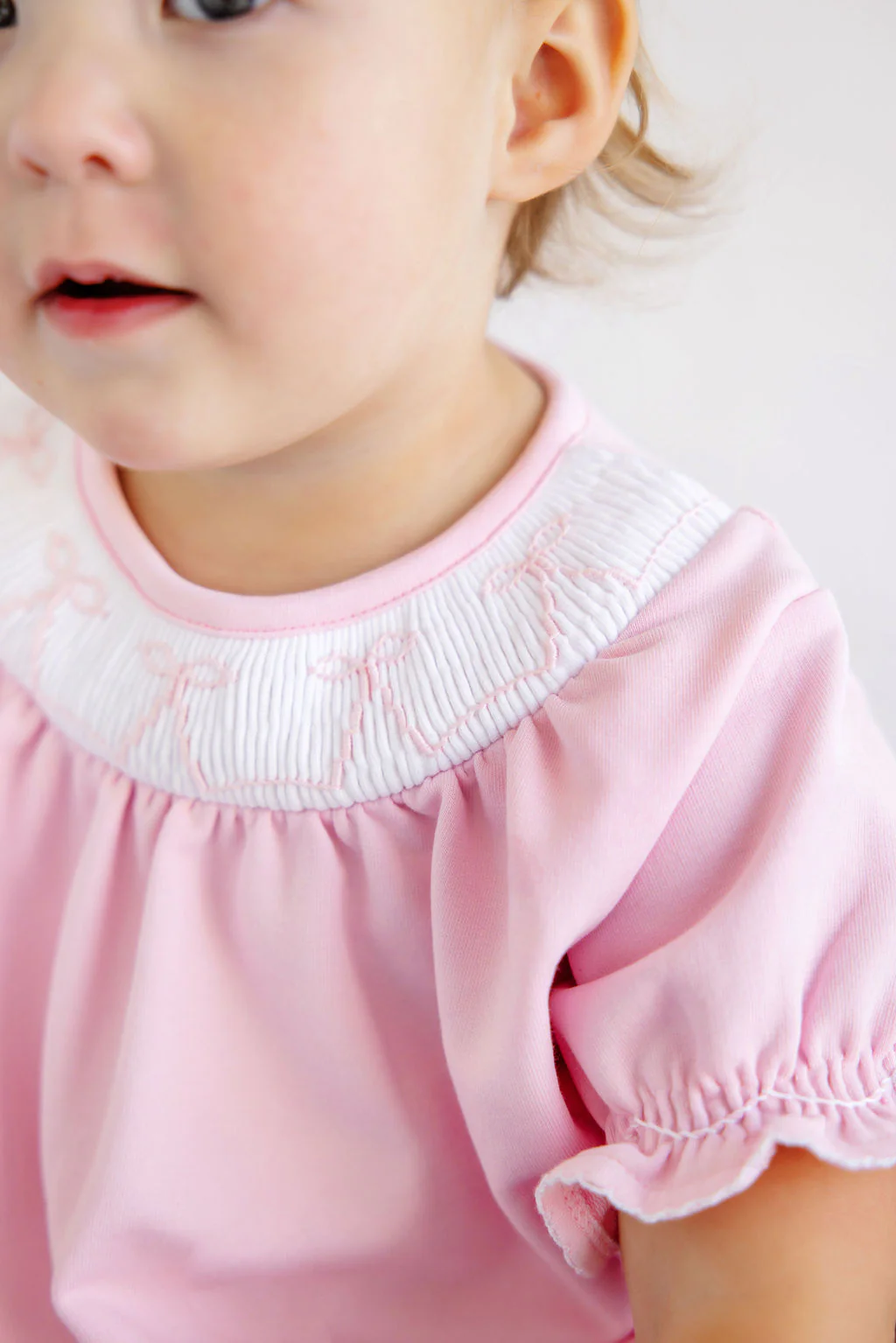 Short Sleeve Bridget Bubble - Palm Beach Pink With Worth Avenue White Smocking & Palm Beach Pink Bows