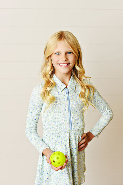 Long Sleeve Blue Floral Tennis Dress