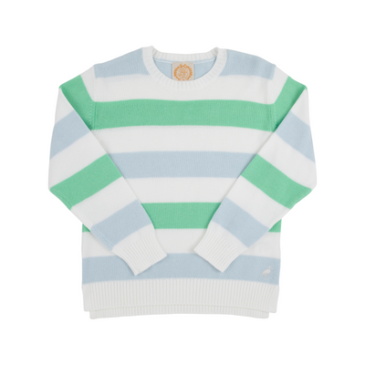 Cissy Sweater Buckhead Blue, Worth Avenue White, and Grace Bay Green Stripe with Worth Avenue White Stork