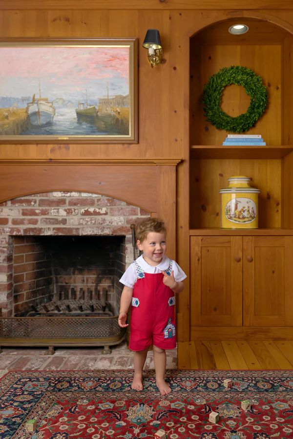 Teddy's Tab Jon Jon - Richmond Red with Kindness Wins Windowpane & School House Applique