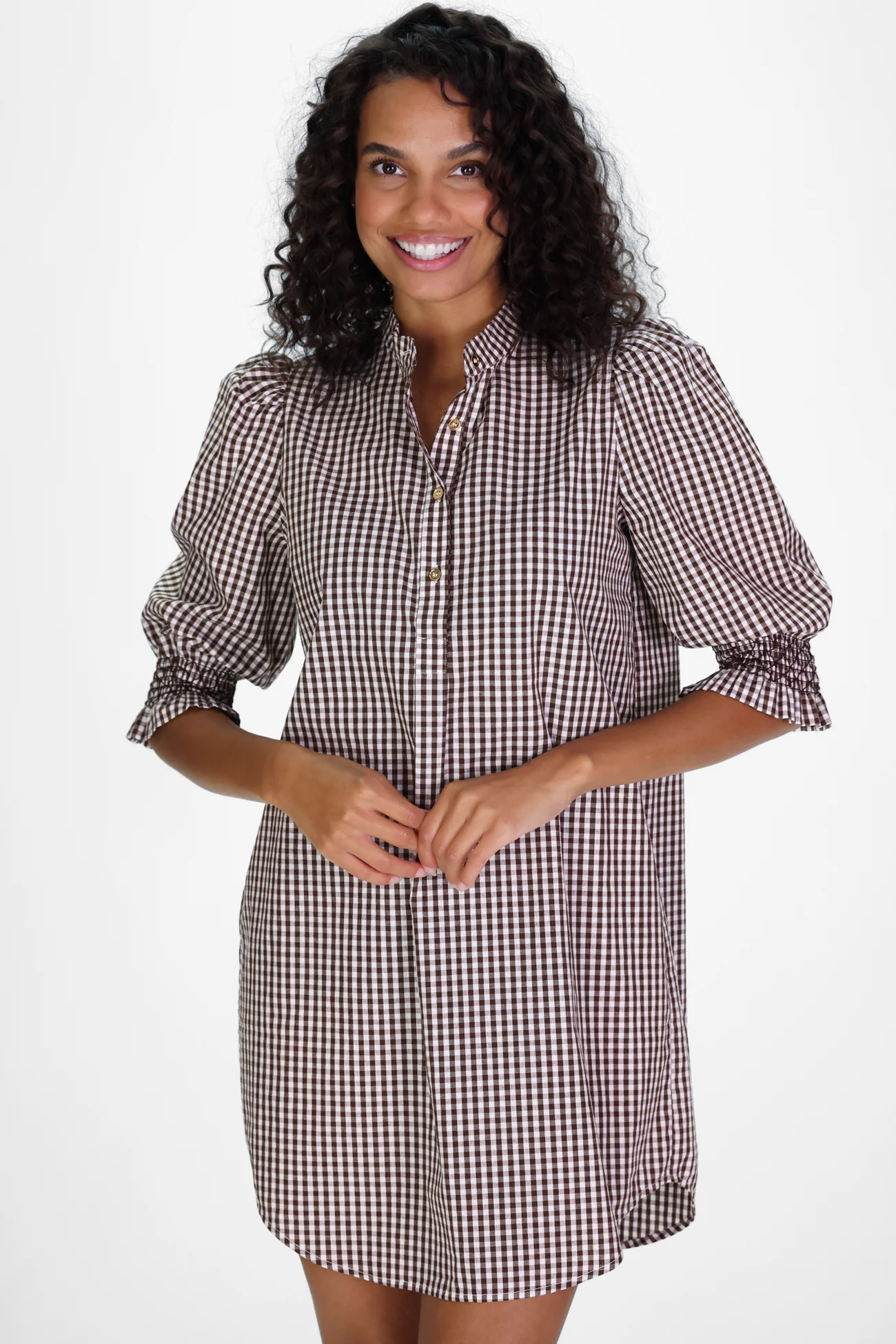 Percy Popover Dress in Brown Gingham