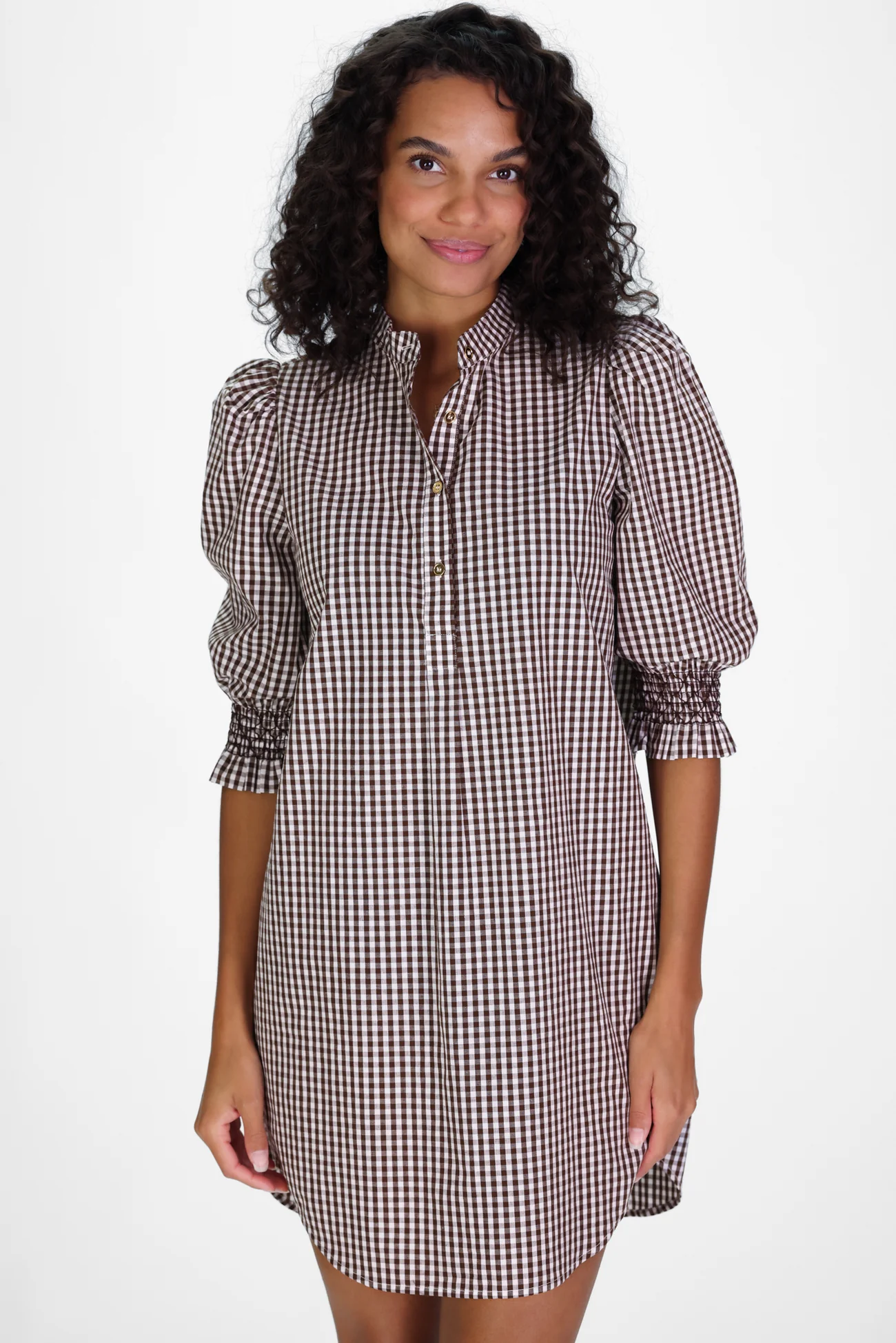 Percy Popover Dress in Brown Gingham