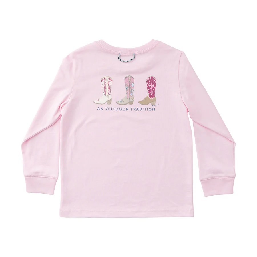 Girl's Long Sleeve Cotton T-shirt in Pink with Cowgirl Boots