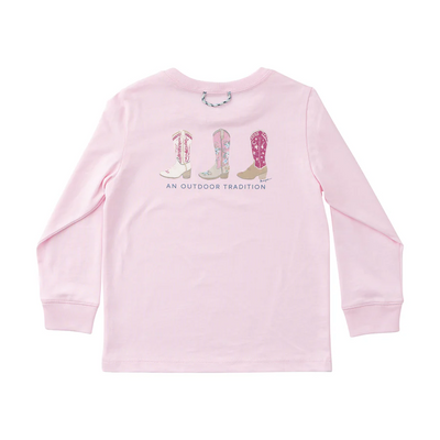 Girl's Long Sleeve Cotton T-shirt in Pink with Cowgirl Boots