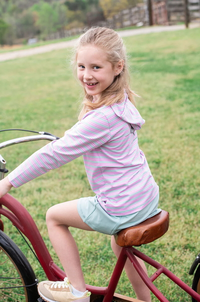 Girl's Pro Performance Hoodie T-shirt in Pink and Green Stripe with Swordfish