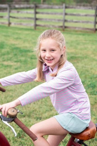 Girl's Pro Performance Hoodie T-shirt in Pink and Green Stripe with Swordfish
