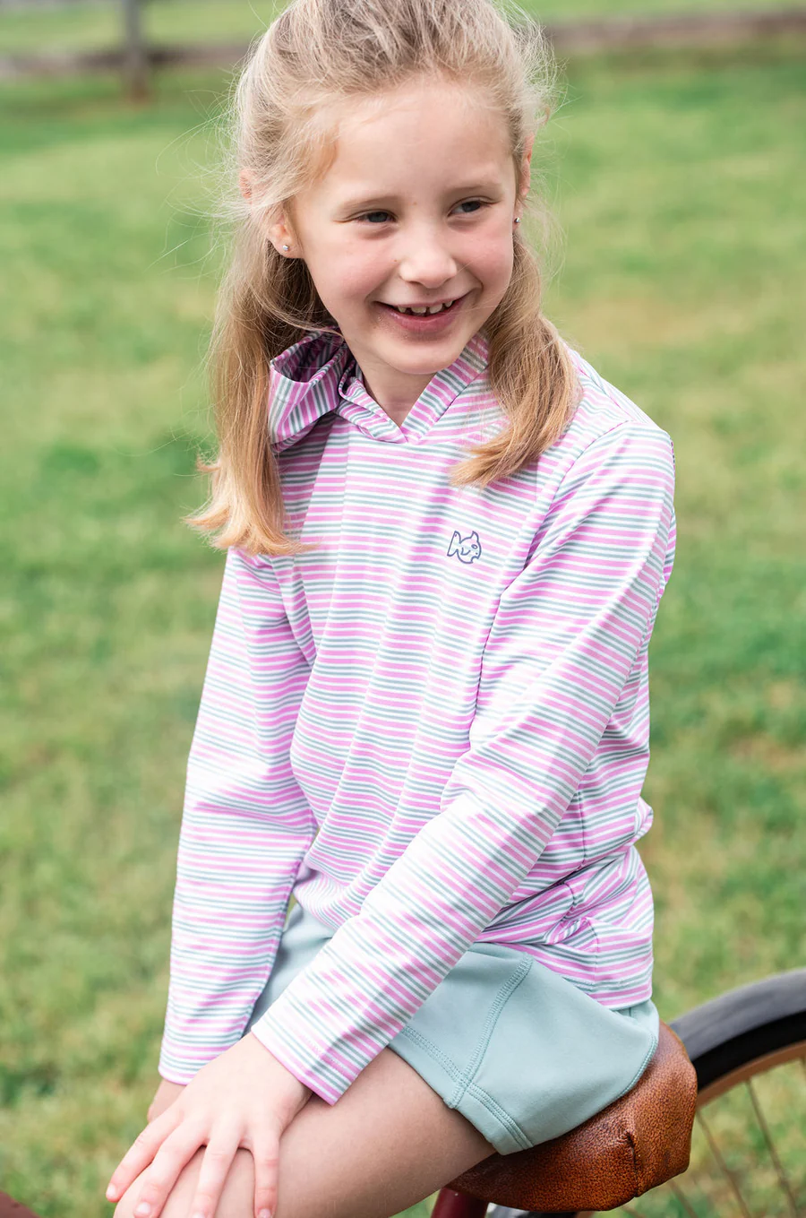 Girl's Pro Performance Hoodie T-shirt in Pink and Green Stripe with Swordfish