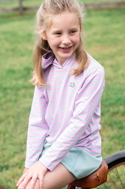 Girl's Pro Performance Hoodie T-shirt in Pink and Green Stripe with Swordfish