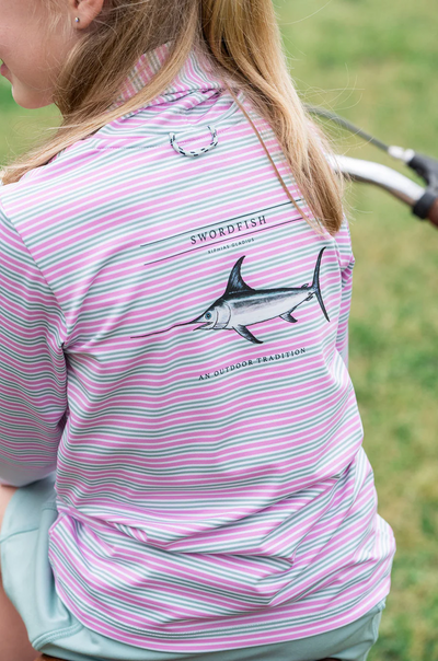 Girl's Pro Performance Hoodie T-shirt in Pink and Green Stripe with Swordfish