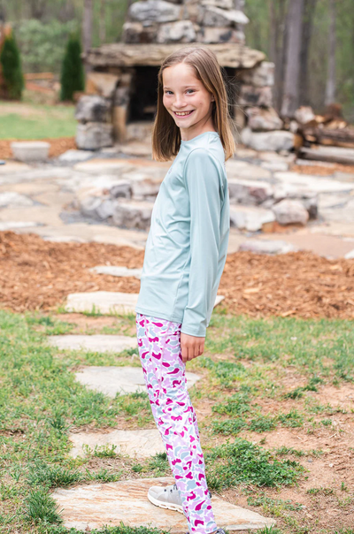 Girls' Pro Performance Long Sleeve T-shirt in Blue Surf with Pink Camo PRODOH Logo