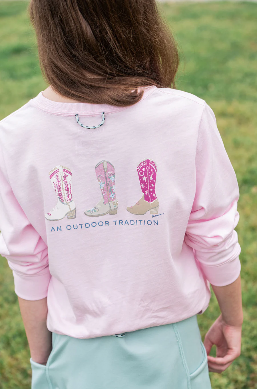 Girl's Long Sleeve Cotton T-shirt in Pink with Cowgirl Boots