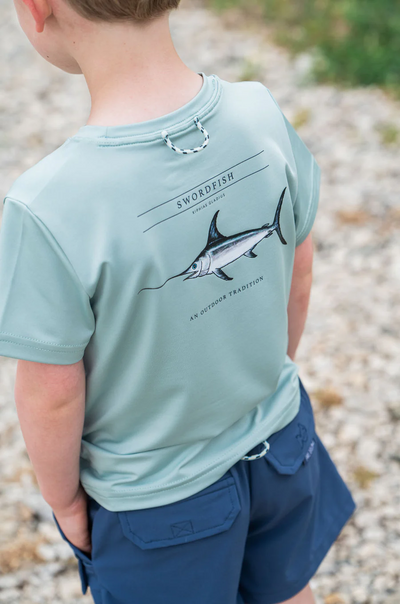 Kid's Pro Performance Short Sleeve T-shirt in Blue Surf with Swordfish