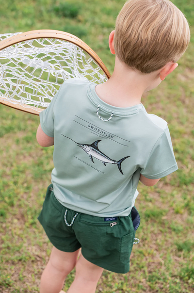 Kid's Pro Performance Short Sleeve T-shirt in Blue Surf with Swordfish