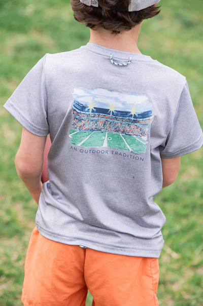 Kid's Pro Performance Short Sleeve T-shirt in Heather Gray 50-yard line at Football Stadium