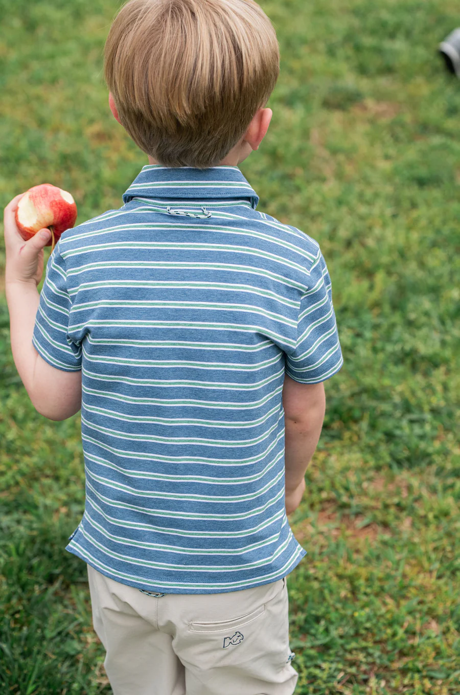 Boys Short Sleeve Too Cool for School Cotton Polo in Heathered Blue and Spruce Green Stripe