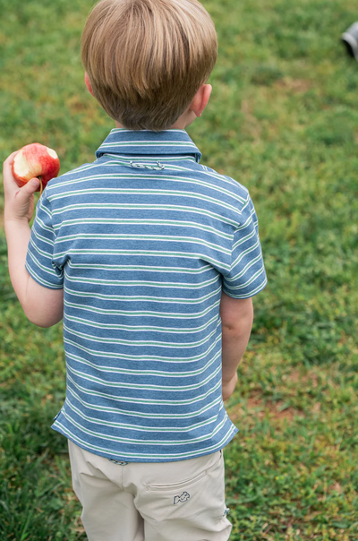 Boys Short Sleeve Too Cool for School Cotton Polo in Heathered Blue and Spruce Green Stripe
