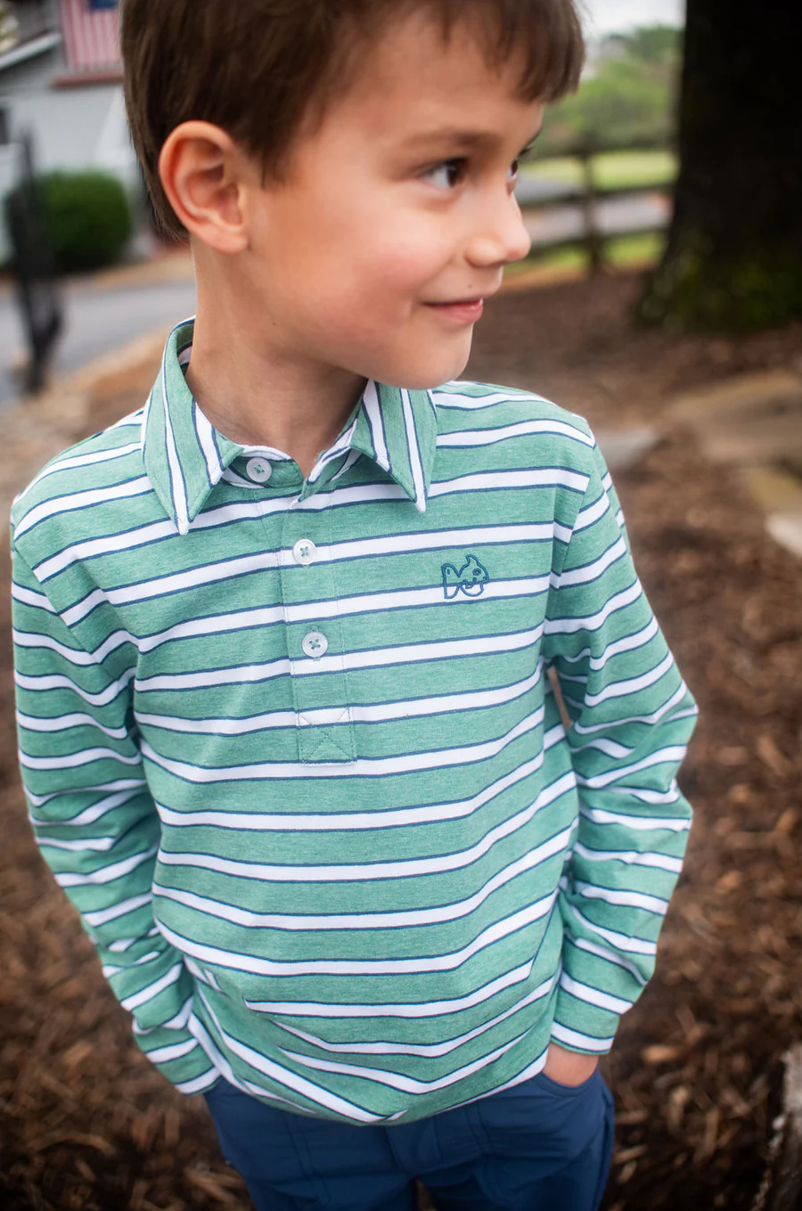 Boys Long Sleeve Too Cool for School Cotton Polo in Dark Denim and Green Spruce Stripe