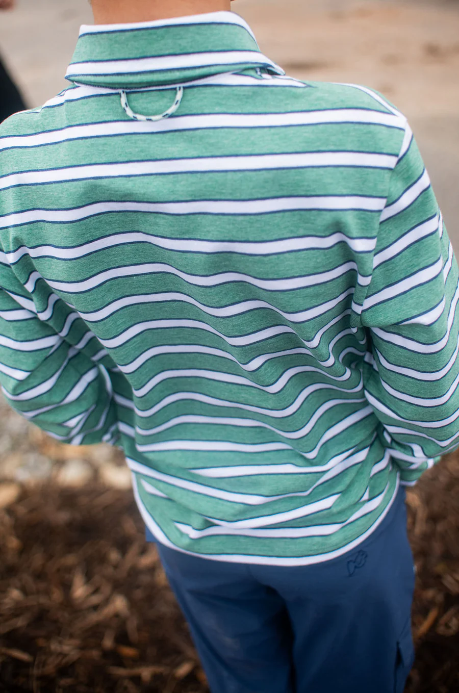Boys Long Sleeve Too Cool for School Cotton Polo in Dark Denim and Green Spruce Stripe